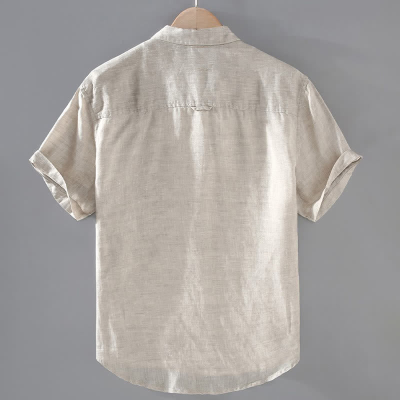Buddha Stones Camisa de manga corta de lino liso para hombre, estilo casual de verano, con botones y bolsillo de parche. - image 1
