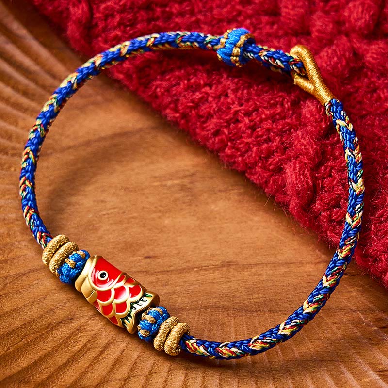 Buddha Stones Pulsera de hilo tejida a mano con diseño de pez koi para la buena suerte - Azul con accesorio de pez koi - image 16