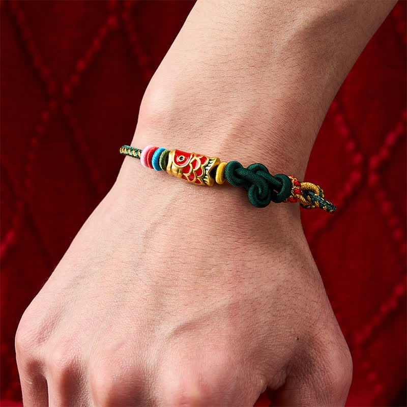 Buddha Stones Pulsera de protección tejida a mano con hilo verde oscuro y amarillo y diseño de pez koi rojo. - image 5