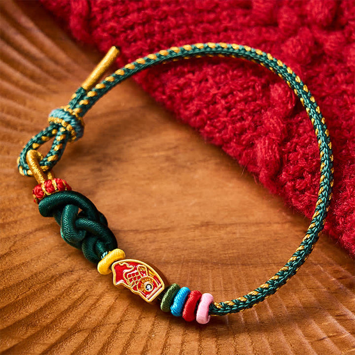 Buddha Stones Pulsera de cuerda protectora con diseño de pez koi, tejida a mano en color verde. - Verde (Circunferencia de la muñeca: 5,9-7,1 pulgadas / 15-18 cm) - image 0