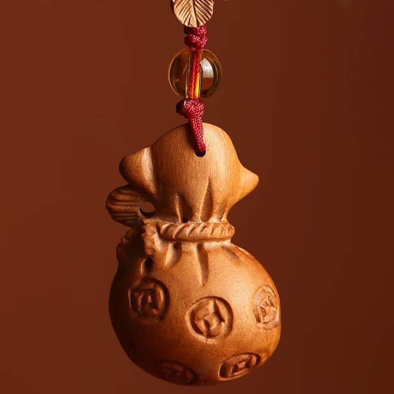 Buddha Stones Llaveros con dije de loto y bolsa de la suerte de madera de durazno Fu - image 3