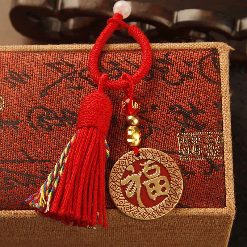 Buddha Stones Llaveros con borla de bendición de personaje Fu, de latón tejido a mano con cuerda roja. - Placa Fu Borla Roja - image 9