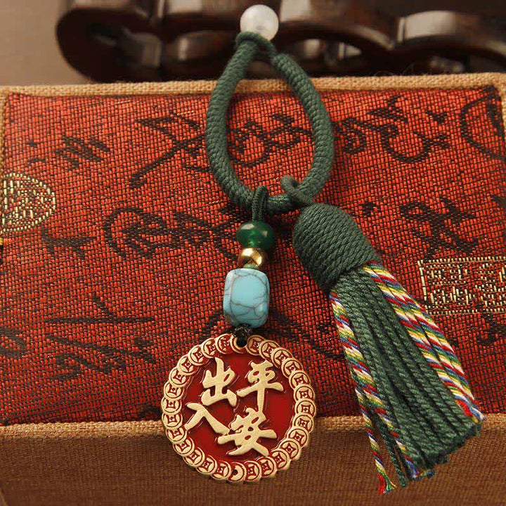 Buddha Stones Llaveros con borla de bendición de personaje Fu, de latón tejido a mano con cuerda roja. - Placa de seguridad Borla verde - image 13