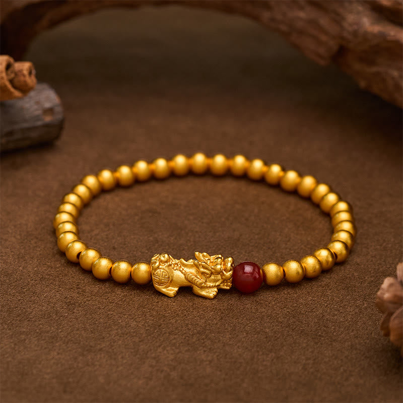 Buddha Stones Pulsera de cuentas redondas de ágata roja Pi Xiu chapada en oro y cobre - PiXiu (Riqueza ♥ Suerte) - image 0