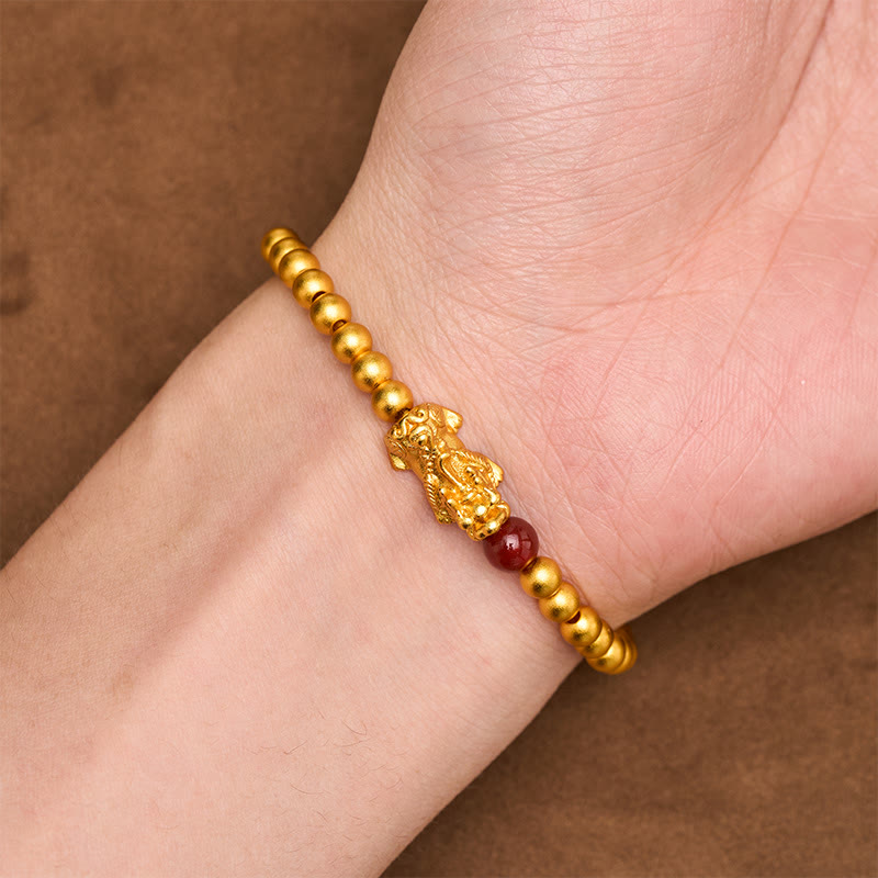 Buddha Stones Pulsera de cuentas redondas de ágata roja Pi Xiu chapada en oro y cobre - image 3