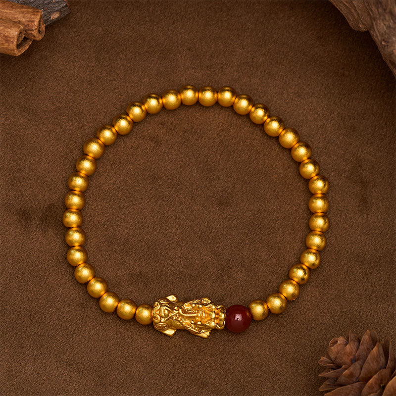 Buddha Stones Pulsera de cuentas redondas de ágata roja Pi Xiu chapada en oro y cobre - image 2