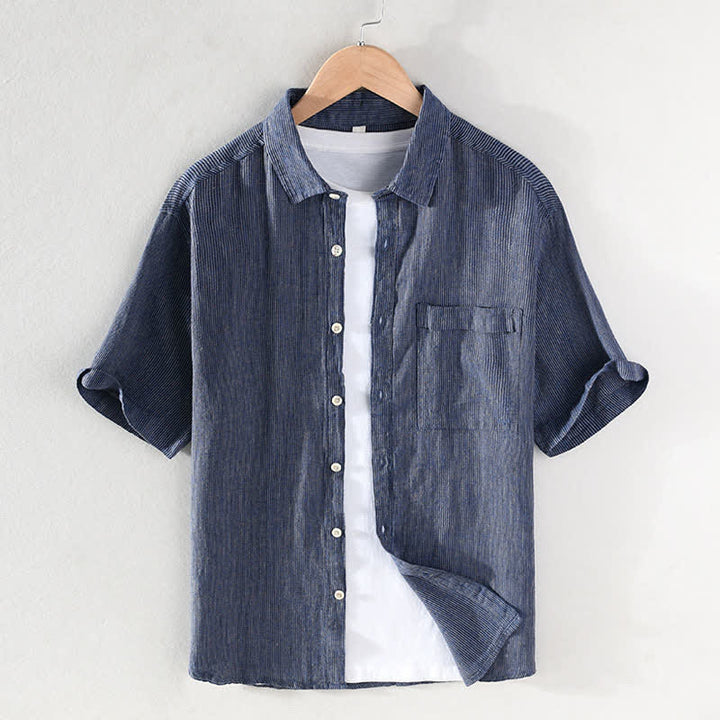 Buddha Stones Camisas de manga corta de lino para hombre, estilo casual de verano, con rayas lisas y bolsillo de parche. - Azul acero - US/UK/AU42, EU52 (3XL) - image 0