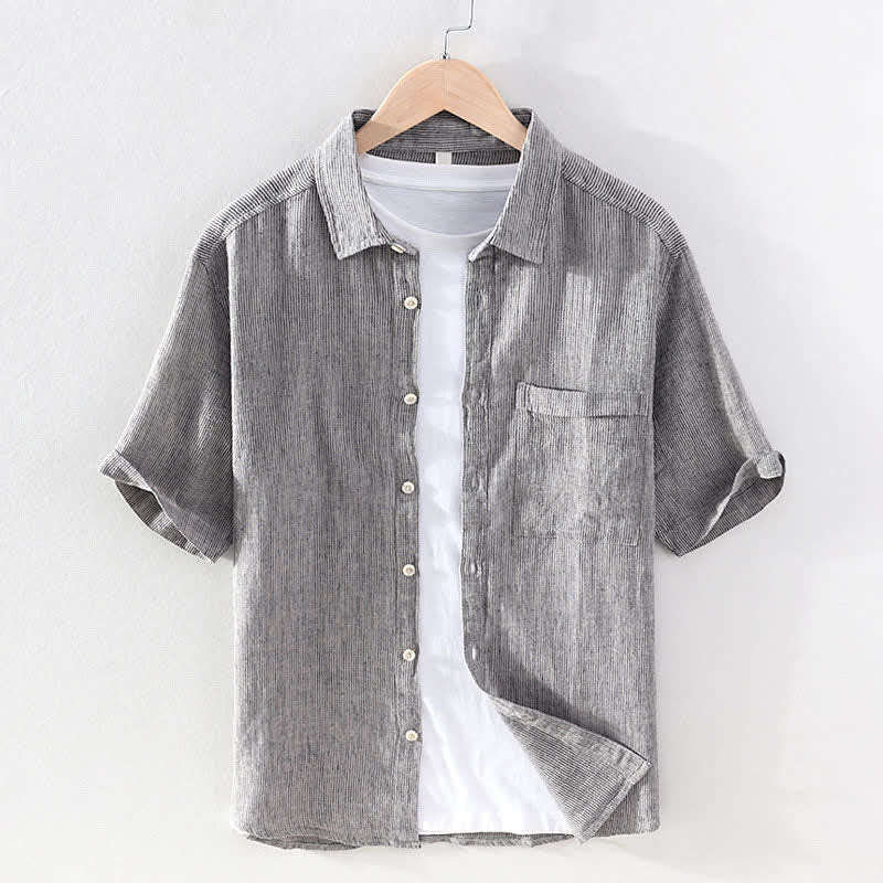 Buddha Stones Camisas de manga corta de lino para hombre, estilo casual de verano, con rayas lisas y bolsillo de parche. - Gris claro - US/UK/AU42, EU52 (3XL) - image 7