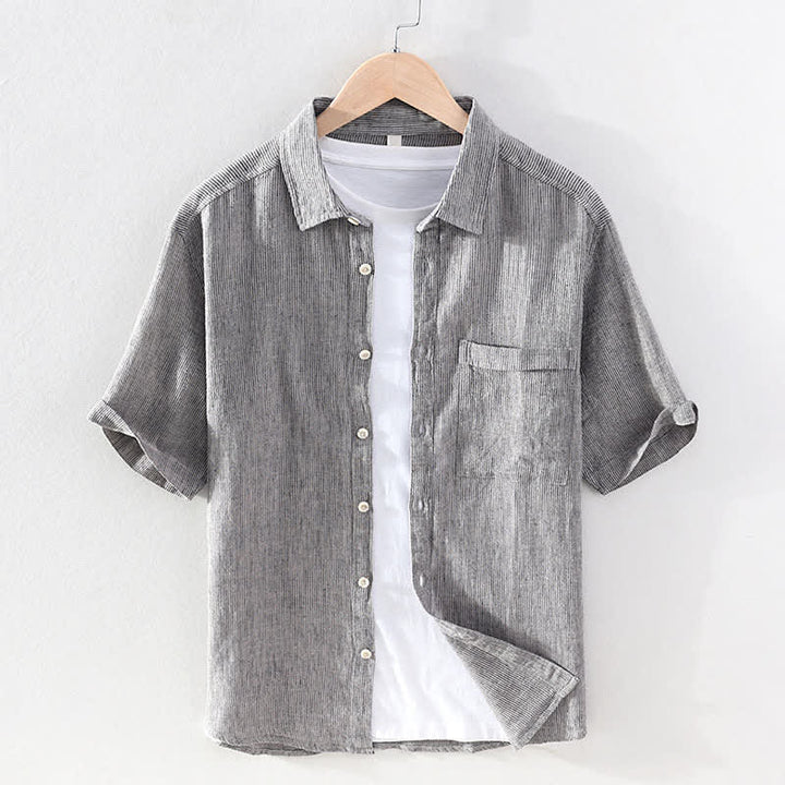 Buddha Stones Camisas de manga corta de lino para hombre, estilo casual de verano, con rayas lisas y bolsillo de parche. - Gris claro - US/UK/AU42, EU52 (3XL) - image 7