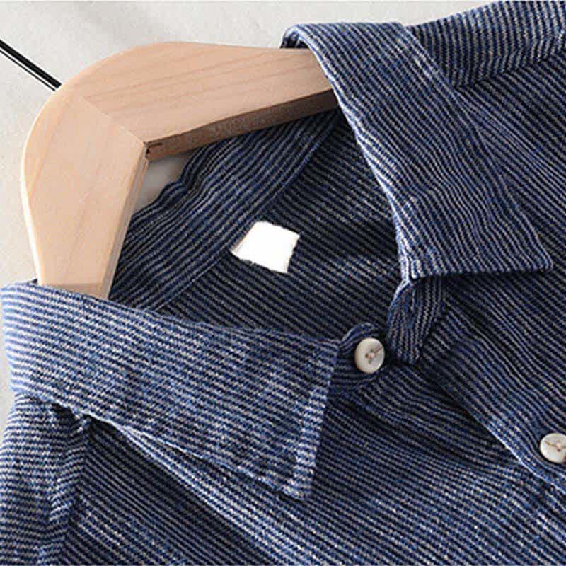 Buddha Stones Camisas de manga corta de lino para hombre, estilo casual de verano, con rayas lisas y bolsillo de parche. - image 1