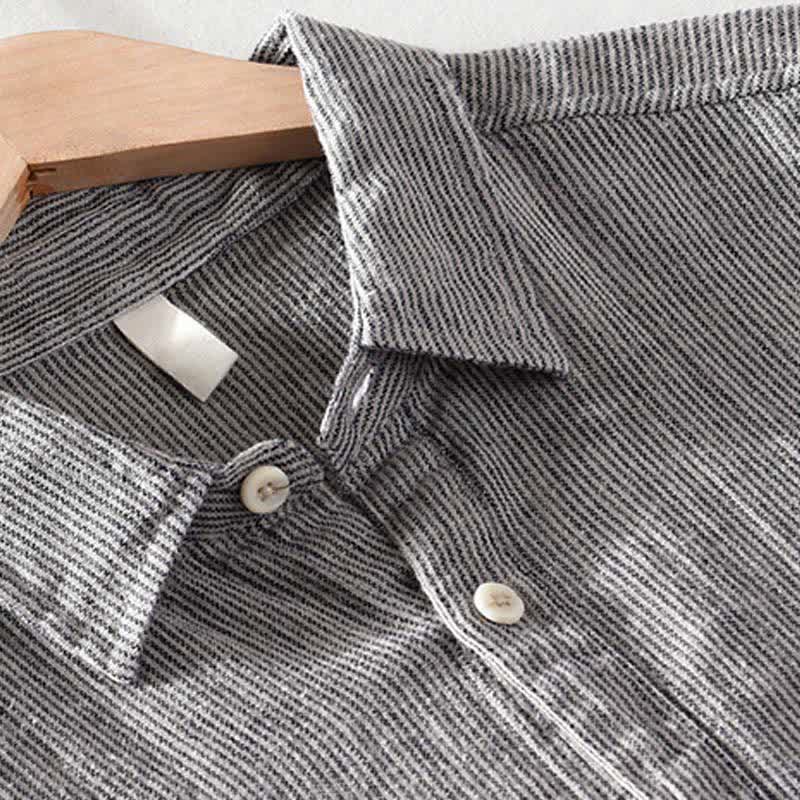 Buddha Stones Camisas de manga corta de lino para hombre, estilo casual de verano, con rayas lisas y bolsillo de parche. - image 10