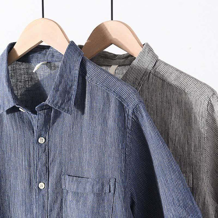 Buddha Stones Camisas de manga corta de lino para hombre, estilo casual de verano, con rayas lisas y bolsillo de parche. - image 21
