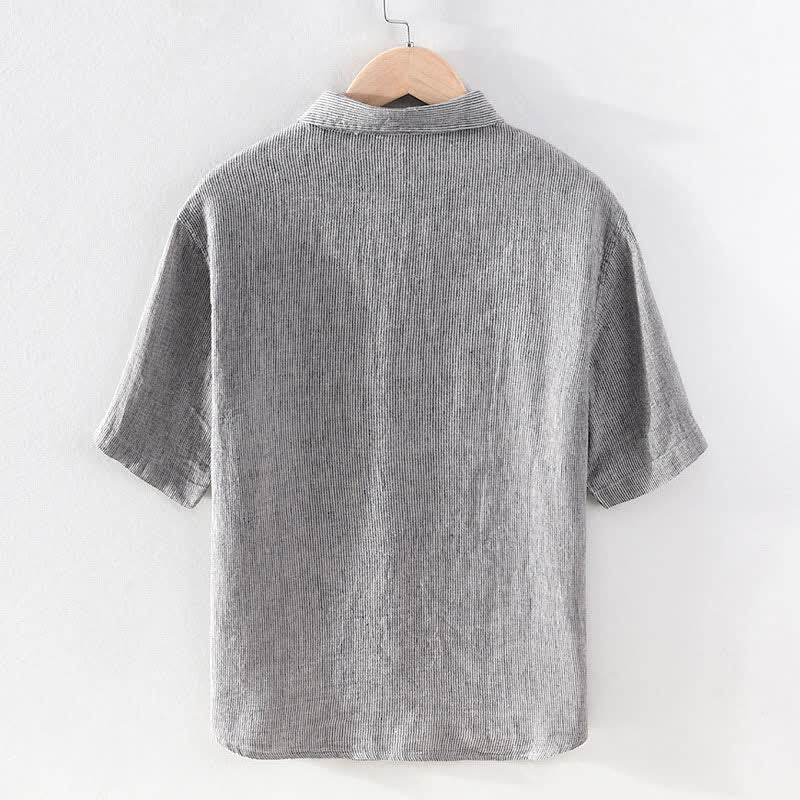 Buddha Stones Camisas de manga corta de lino para hombre, estilo casual de verano, con rayas lisas y bolsillo de parche. - image 8