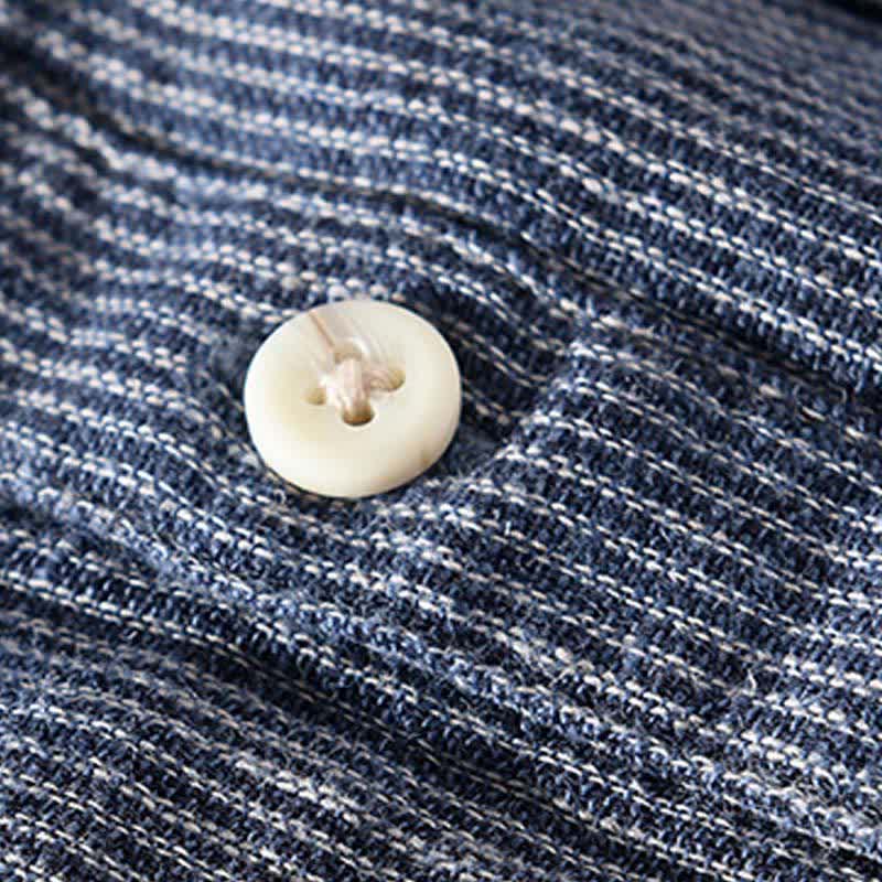 Buddha Stones Camisas de manga corta de lino para hombre, estilo casual de verano, con rayas lisas y bolsillo de parche. - image 4