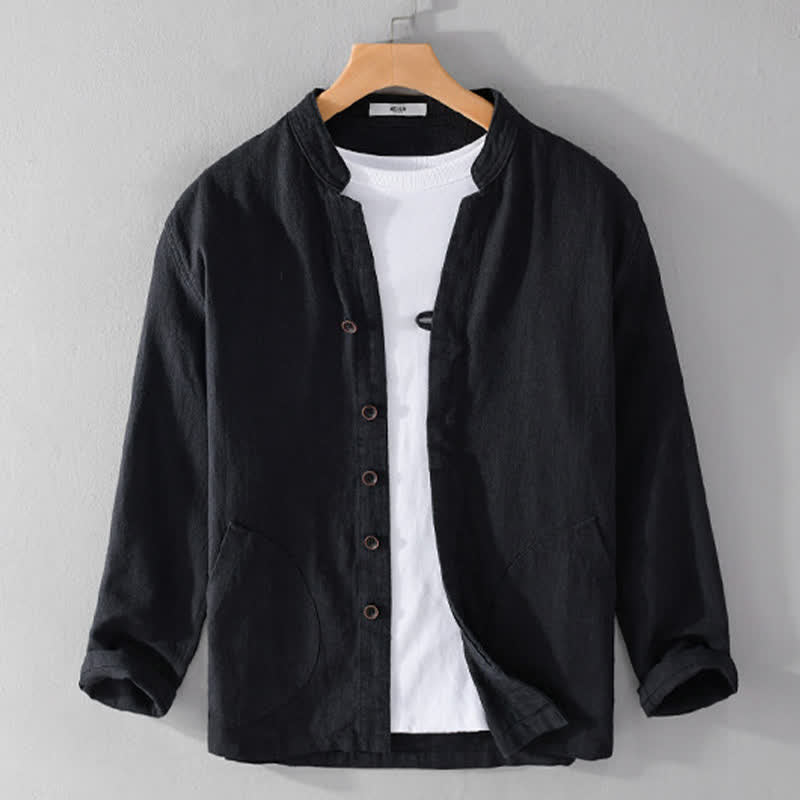 Buddha Stones Camisas de manga larga para hombre de ramio liso con cuello mandarín, estilo casual de primavera y bolsillo. - Negro - US/UK/AU42, EU52 (3XL) - image 9
