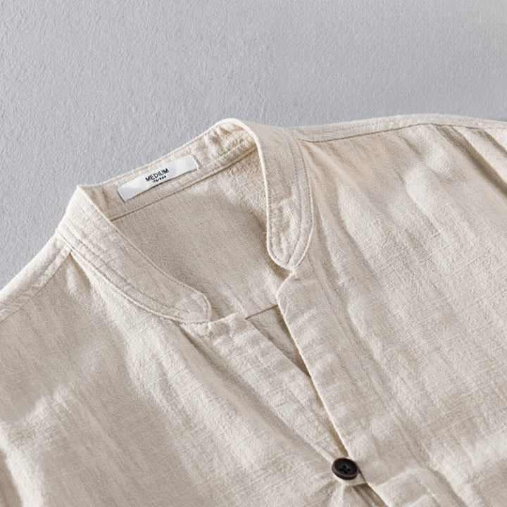 Buddha Stones Camisas de manga larga para hombre de ramio liso con cuello mandarín, estilo casual de primavera y bolsillo. - image 3