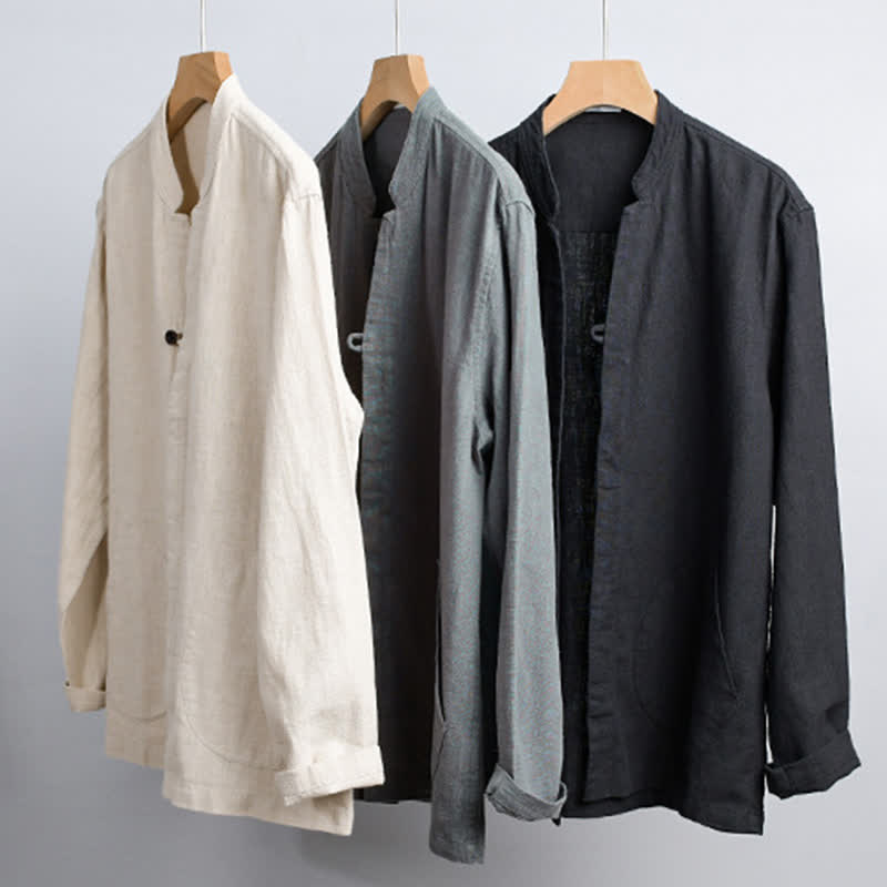 Buddha Stones Camisas de manga larga para hombre de ramio liso con cuello mandarín, estilo casual de primavera y bolsillo. - image 21