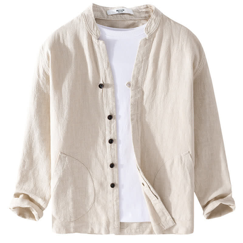Buddha Stones Camisas de manga larga para hombre de ramio liso con cuello mandarín, estilo casual de primavera y bolsillo. - image 1