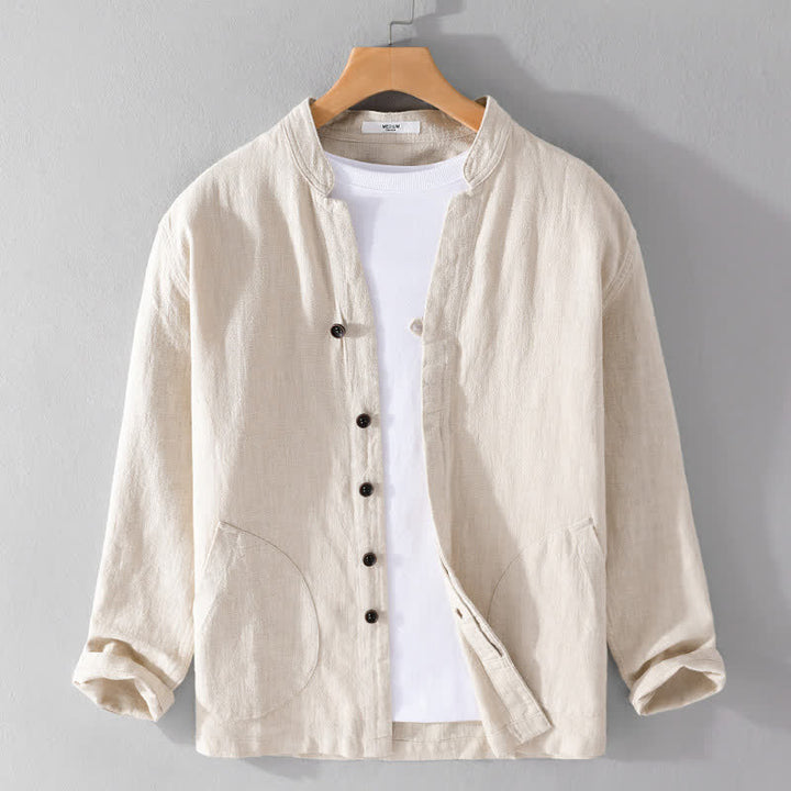 Buddha Stones Camisas de manga larga para hombre de ramio liso con cuello mandarín, estilo casual de primavera y bolsillo. - Caqui - US/UK/AU42, EU52 (3XL) - image 0