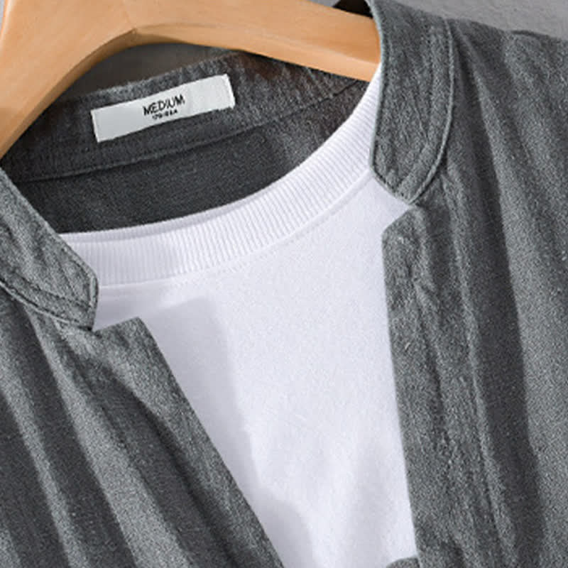 Buddha Stones Camisas de manga larga para hombre de ramio liso con cuello mandarín, estilo casual de primavera y bolsillo. - image 17