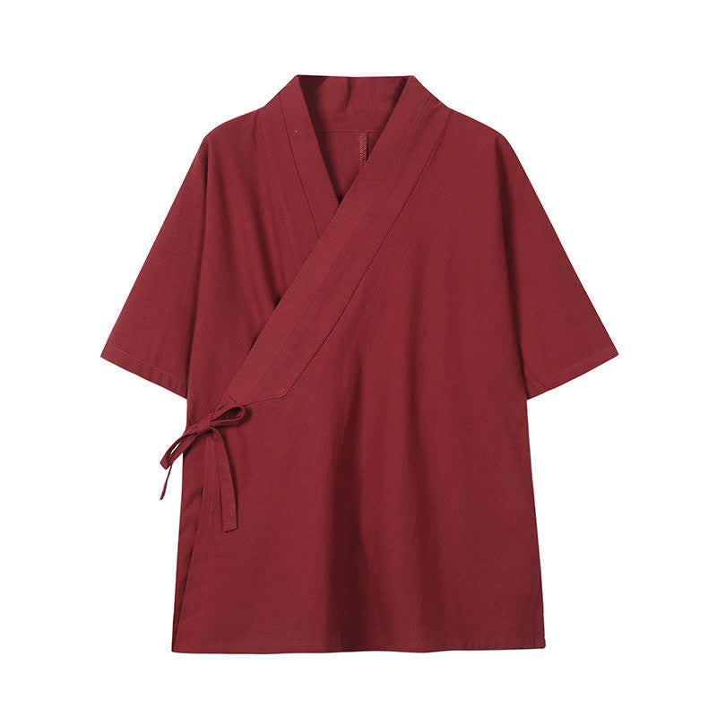 Buddha Stones Kimono minimalista de algodón y lino liso con cordón ajustable para hombre, ideal para primavera y verano. - Ladrillo refractario - US/UK/AU46, EU56 (5XL) - image 0