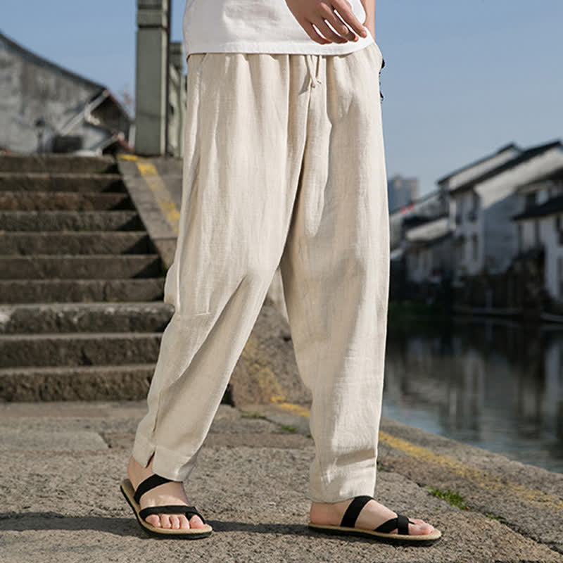 Buddha Stones Pantalones tobilleros de ramio lisos, informales, minimalistas, con cordón ajustable, para hombre, estilo harem, para primavera y verano. - image 1