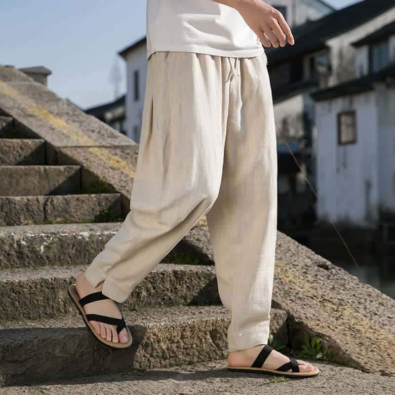 Buddha Stones Pantalones tobilleros de ramio lisos, informales, minimalistas, con cordón ajustable, para hombre, estilo harem, para primavera y verano. - Blanco antiguo - US/UK/AU44, EU54 (4XL) - image 0