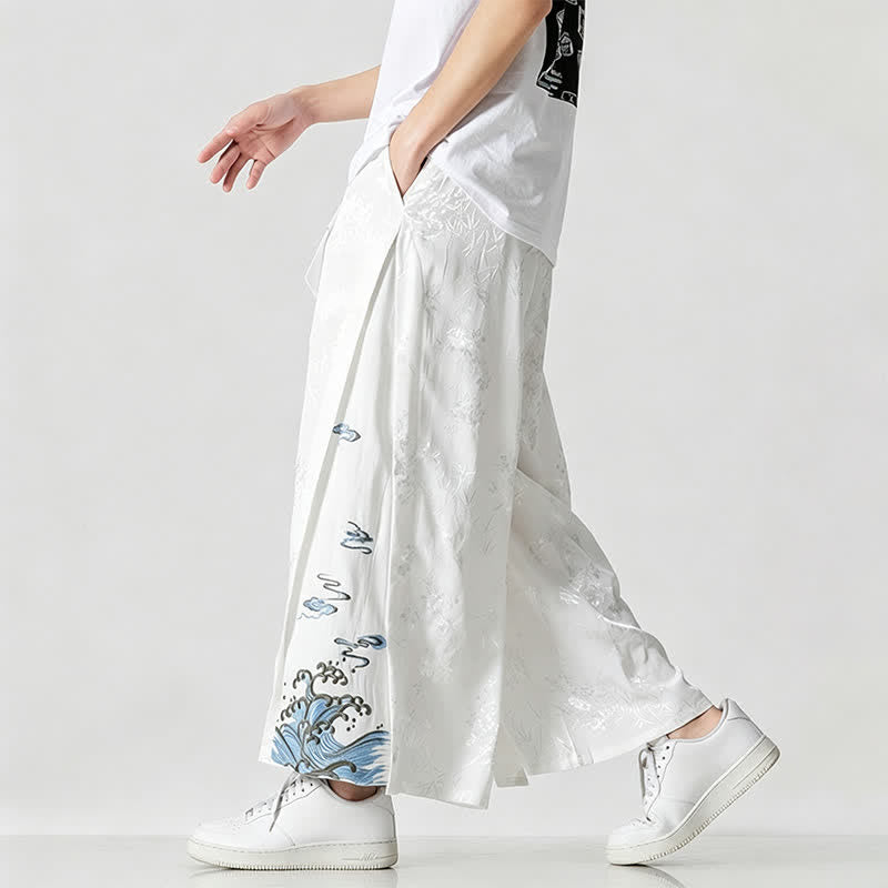 Buddha Stones Pantalones cortos de pierna ancha para hombre con cordón ajustable y bordado abstracto, estilo Tang, ideales para primavera y verano. - image 17