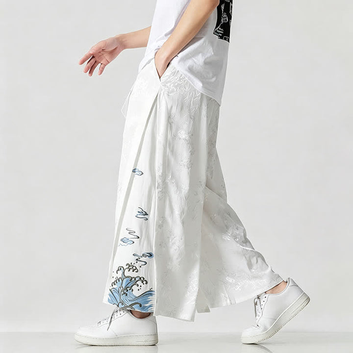 Buddha Stones Pantalones cortos de pierna ancha para hombre con cordón ajustable y bordado abstracto, estilo Tang, ideales para primavera y verano. - image 17