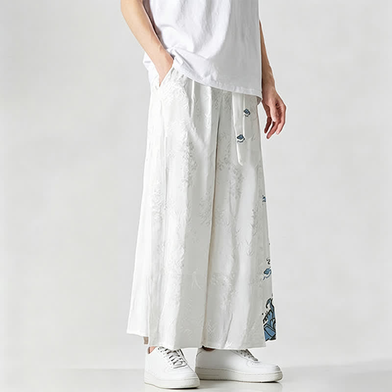 Buddha Stones Pantalones cortos de pierna ancha para hombre con cordón ajustable y bordado abstracto, estilo Tang, ideales para primavera y verano. - image 13