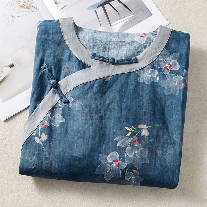 Buddha Stones Camisas de manga tres cuartos para mujer, estilo Tang vintage, con botones de rana y estampado floral, de algodón y lino, ideales para primavera y verano. - image 2