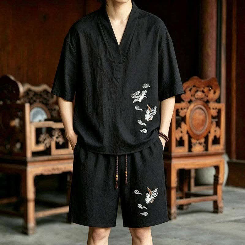 Buddha Stones Conjunto de 2 piezas de camisas y pantalones cortos de manga corta con bordado de grulla estilo Tang para meditación, ideales para hombres, con bolsillos. - Camisa negra + pantalones cortos negros - US/UK/AU46, EU56 (5XL) - image 0