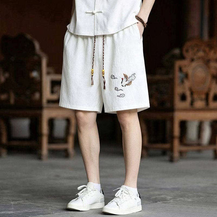 Buddha Stones Conjunto de 2 piezas de camisas y pantalones cortos de manga corta con bordado de grulla estilo Tang para meditación, ideales para hombres, con bolsillos. - image 12