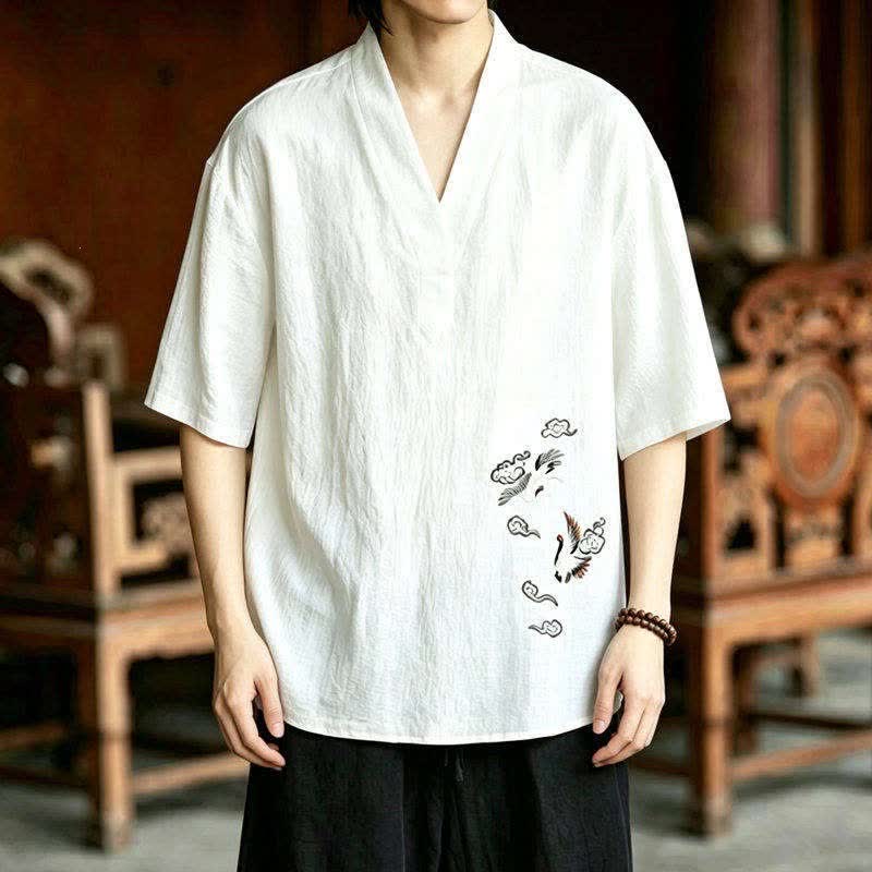 Buddha Stones Conjunto de 2 piezas de camisas y pantalones cortos de manga corta con bordado de grulla estilo Tang para meditación, ideales para hombres, con bolsillos. - image 6