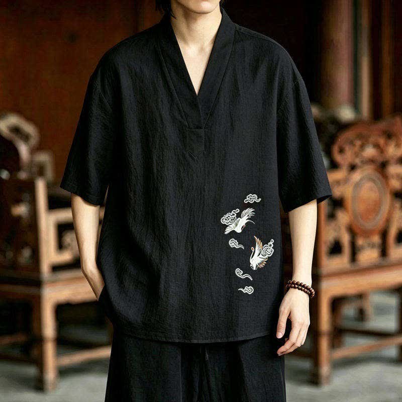 Buddha Stones Conjunto de 2 piezas de camisas y pantalones cortos de manga corta con bordado de grulla estilo Tang para meditación, ideales para hombres, con bolsillos. - image 1