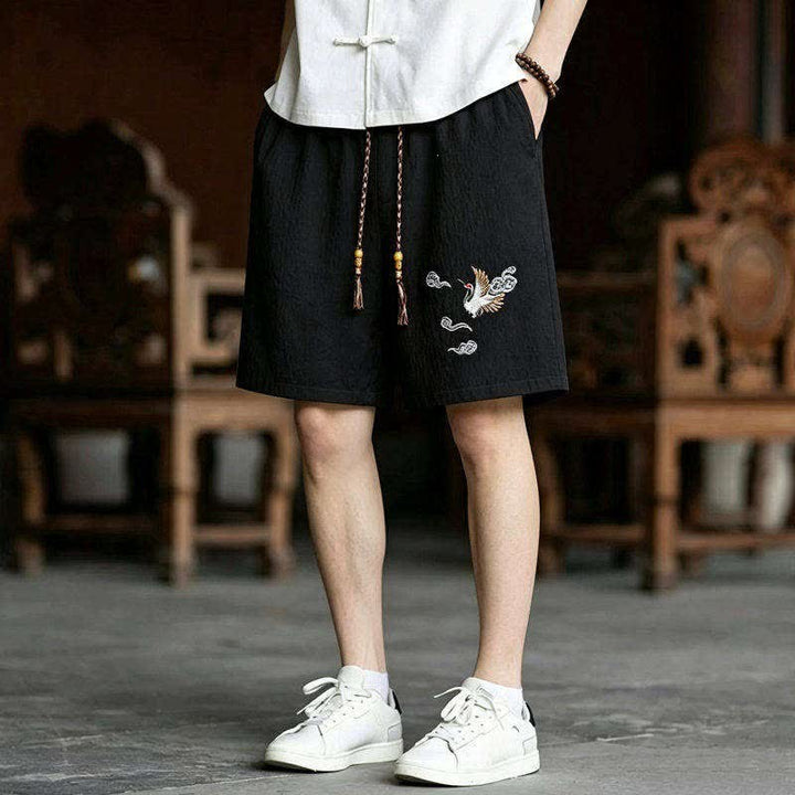 Buddha Stones Conjunto de 2 piezas de camisas y pantalones cortos de manga corta con bordado de grulla estilo Tang para meditación, ideales para hombres, con bolsillos. - image 3