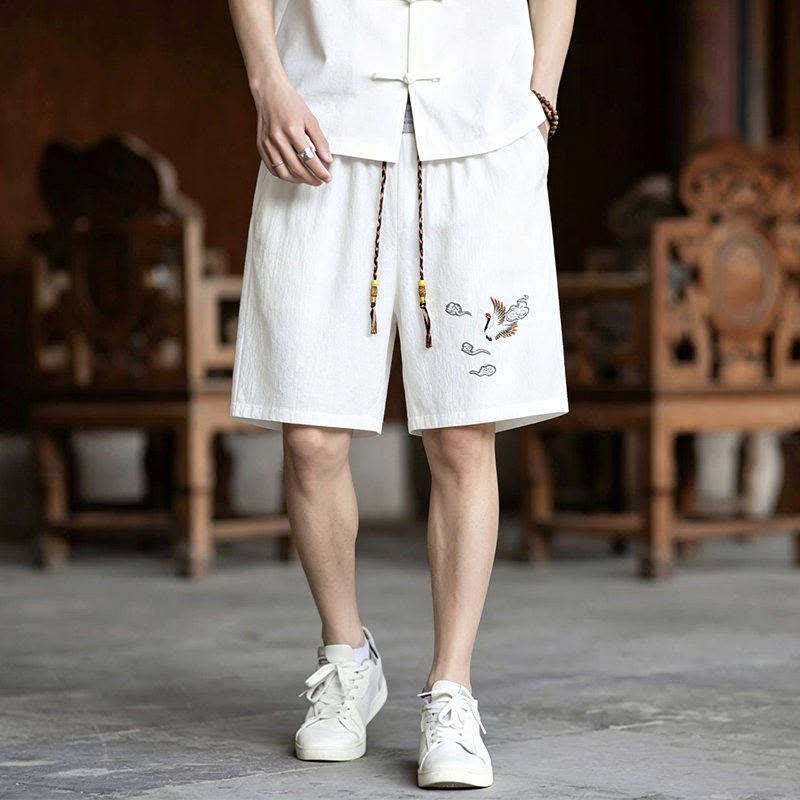 Buddha Stones Conjunto de 2 piezas de camisas y pantalones cortos de manga corta con bordado de grulla estilo Tang para meditación, ideales para hombres, con bolsillos. - image 11