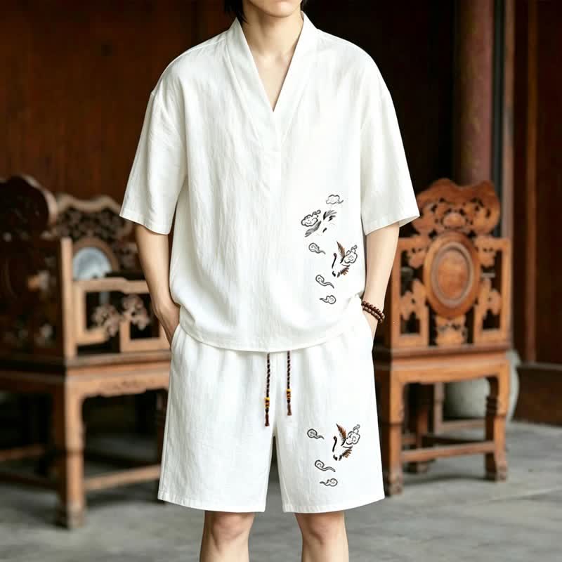Buddha Stones Conjunto de 2 piezas de camisas y pantalones cortos de manga corta con bordado de grulla estilo Tang para meditación, ideales para hombres, con bolsillos. - Camisa blanca + pantalones cortos blancos - US/UK/AU46, EU56 (5XL) - image 9