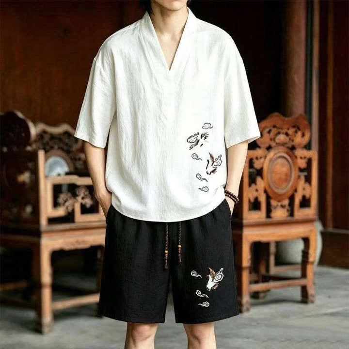 Buddha Stones Conjunto de 2 piezas de camisas y pantalones cortos de manga corta con bordado de grulla estilo Tang para meditación, ideales para hombres, con bolsillos. - Camisa blanca + pantalones cortos negros - US/UK/AU46, EU56 (5XL) - image 5