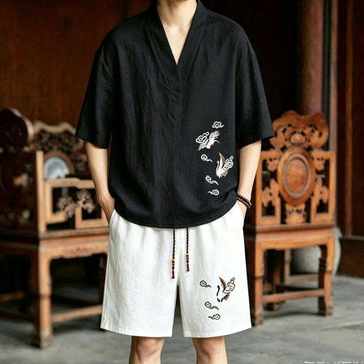 Buddha Stones Conjunto de 2 piezas de camisas y pantalones cortos de manga corta con bordado de grulla estilo Tang para meditación, ideales para hombres, con bolsillos. - Camisa negra + pantalones cortos blancos - US/UK/AU46, EU56 (5XL) - image 4