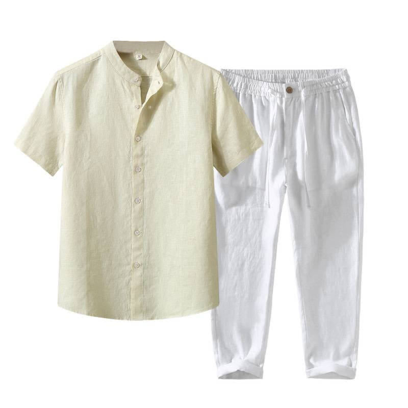 Buddha Stones Conjunto de 2 piezas de ropa de meditación estilo Tang de verano, camisa de lino de manga corta con cuello mandarín y botones, para hombre, con bolsillo. - image 18