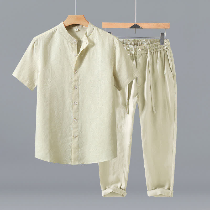 Buddha Stones Conjunto de 2 piezas de ropa de meditación estilo Tang de verano, camisa de lino de manga corta con cuello mandarín y botones, para hombre, con bolsillo. - Camisa y pantalón color beige - US/UK/AU42, EU52 (3XL) - image 10