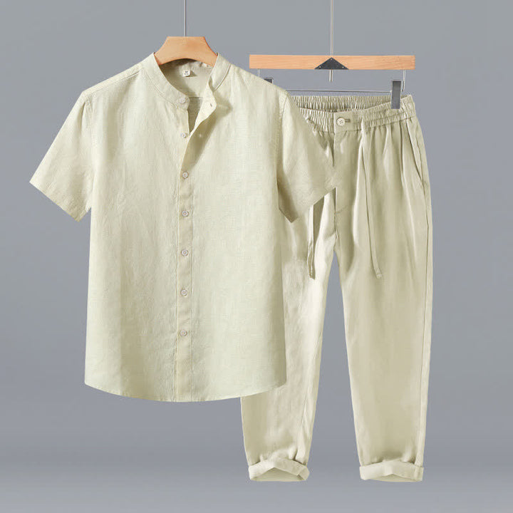 Buddha Stones Conjunto de 2 piezas de ropa de meditación estilo Tang de verano, camisa de lino de manga corta con cuello mandarín y botones, para hombre, con bolsillo. - Camisa y pantalón color beige - US/UK/AU42, EU52 (3XL) - image 10