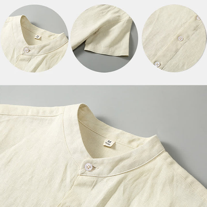 Buddha Stones Conjunto de 2 piezas de ropa de meditación estilo Tang de verano, camisa de lino de manga corta con cuello mandarín y botones, para hombre, con bolsillo. - image 11