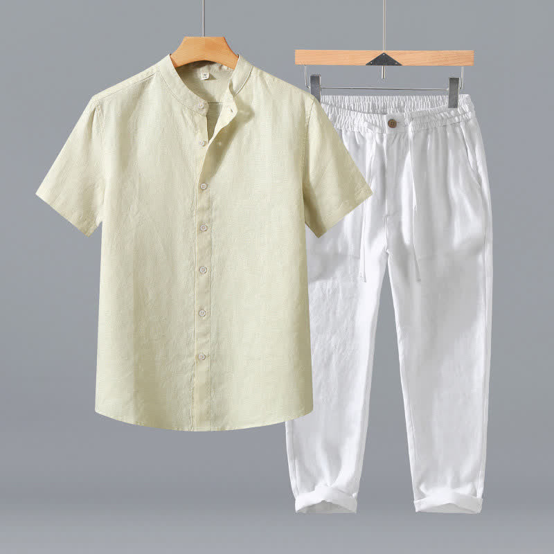 Buddha Stones Conjunto de 2 piezas de ropa de meditación estilo Tang de verano, camisa de lino de manga corta con cuello mandarín y botones, para hombre, con bolsillo. - Camisa beige + pantalones blancos - US/UK/AU42, EU52 (3XL) - image 17