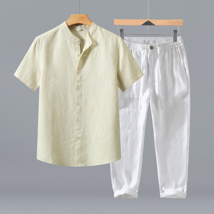 Buddha Stones Conjunto de 2 piezas de ropa de meditación estilo Tang de verano, camisa de lino de manga corta con cuello mandarín y botones, para hombre, con bolsillo. - Camisa beige + pantalones blancos - US/UK/AU42, EU52 (3XL) - image 17