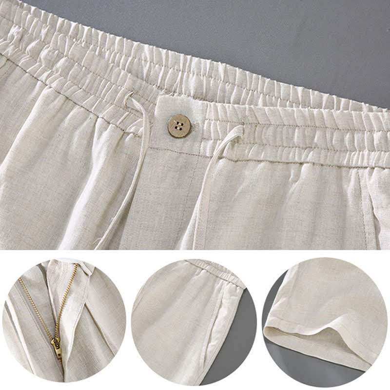 Buddha Stones Conjunto de 2 piezas: Camisa de lino liso de manga corta con cuello mandarín y botones, ideal para el verano. También disponible como prenda de meditación para hombre con bolsillo. - image 1