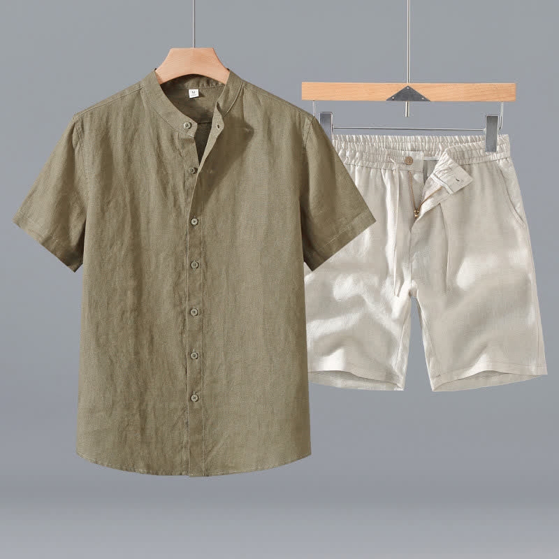 Buddha Stones Conjunto de 2 piezas: Camisa de lino liso de manga corta con cuello mandarín y botones, ideal para el verano. También disponible como prenda de meditación para hombre con bolsillo. - Camisa caqui oscuro + pantalones cortos beige - US/UK/AU42, EU52 (3XL) - image 0