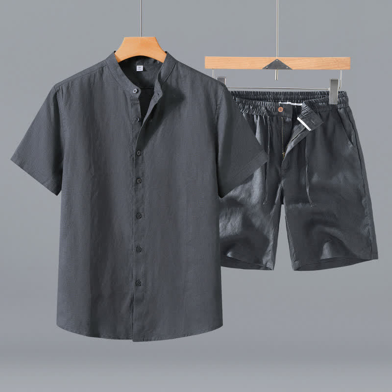 Buddha Stones Conjunto de 2 piezas: Camisa de lino liso de manga corta con cuello mandarín y botones, ideal para el verano. También disponible como prenda de meditación para hombre con bolsillo. - Camisa gris + pantalones cortos - US/UK/AU42, EU52 (3XL) - image 9