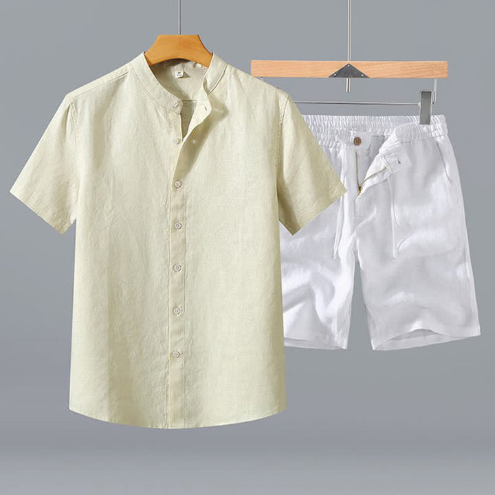 Buddha Stones Conjunto de 2 piezas: Camisa de lino liso de manga corta con cuello mandarín y botones, ideal para el verano. También disponible como prenda de meditación para hombre con bolsillo. - Camisa beige + pantalones cortos blancos - US/UK/AU42, EU52 (3XL) - image 10